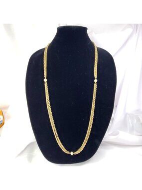 VTG Gold-Tone Double Chain Necklace With Faux Pearl Accents 36 Inches Long